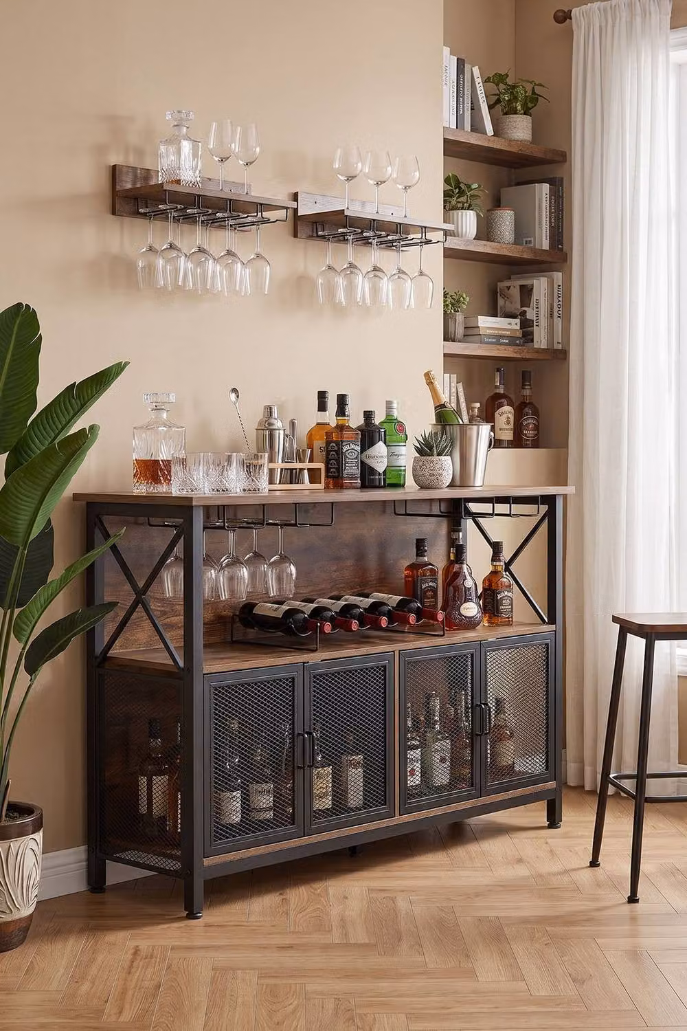 Living and Home Industrial Wine Bar Cabinet with Metal Frame and Glass Doors in Brown – 2