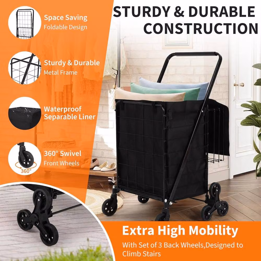 London Boutique Folding Collapsible Climbing Utility Shopping Cart with Basket Liner in Black – 4