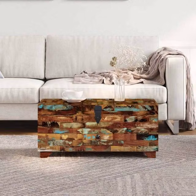 Berkfield Home Beautiful Coffee Table Box Chest in Multicolour Solid Reclaimed Wood, W/D/H: 80 x 40 x 35 cm