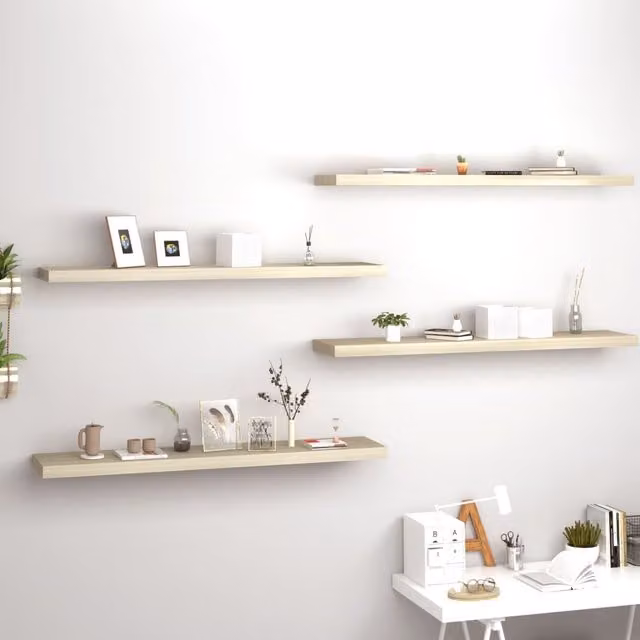 Berkfield Home Floating Wall Shelves, 4 Piece Oak MDF Set in Brown, W: 120 cm, D: 23.5 cm, H: 4 cm