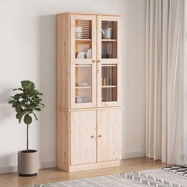 Berkfield Home ALTA Glass Display Cabinet in Brown Solid Pine, W/D/H: 77 x 35 x 186.5 cm