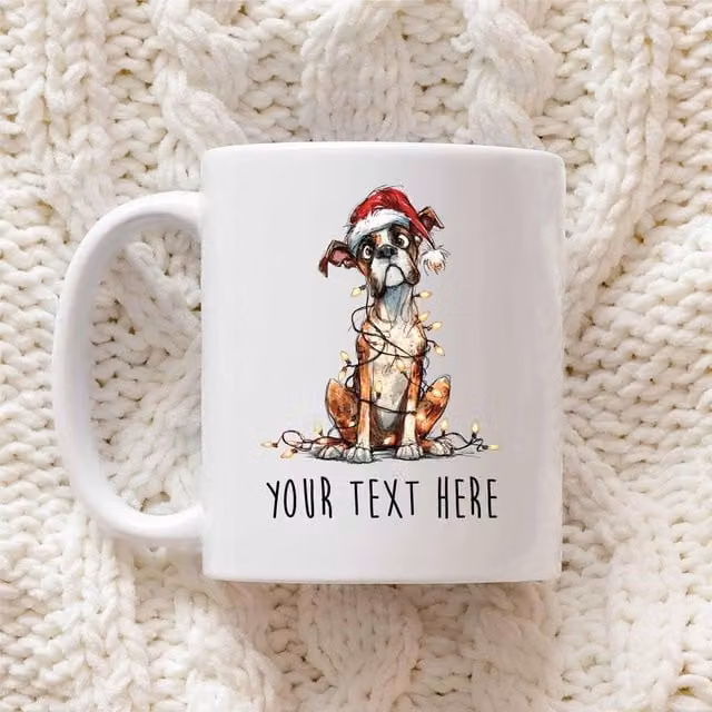 60 SECOND MAKEOVER Personalised White Ceramic Mug with Boxer Christmas Lights and Santa Hat Design – 1