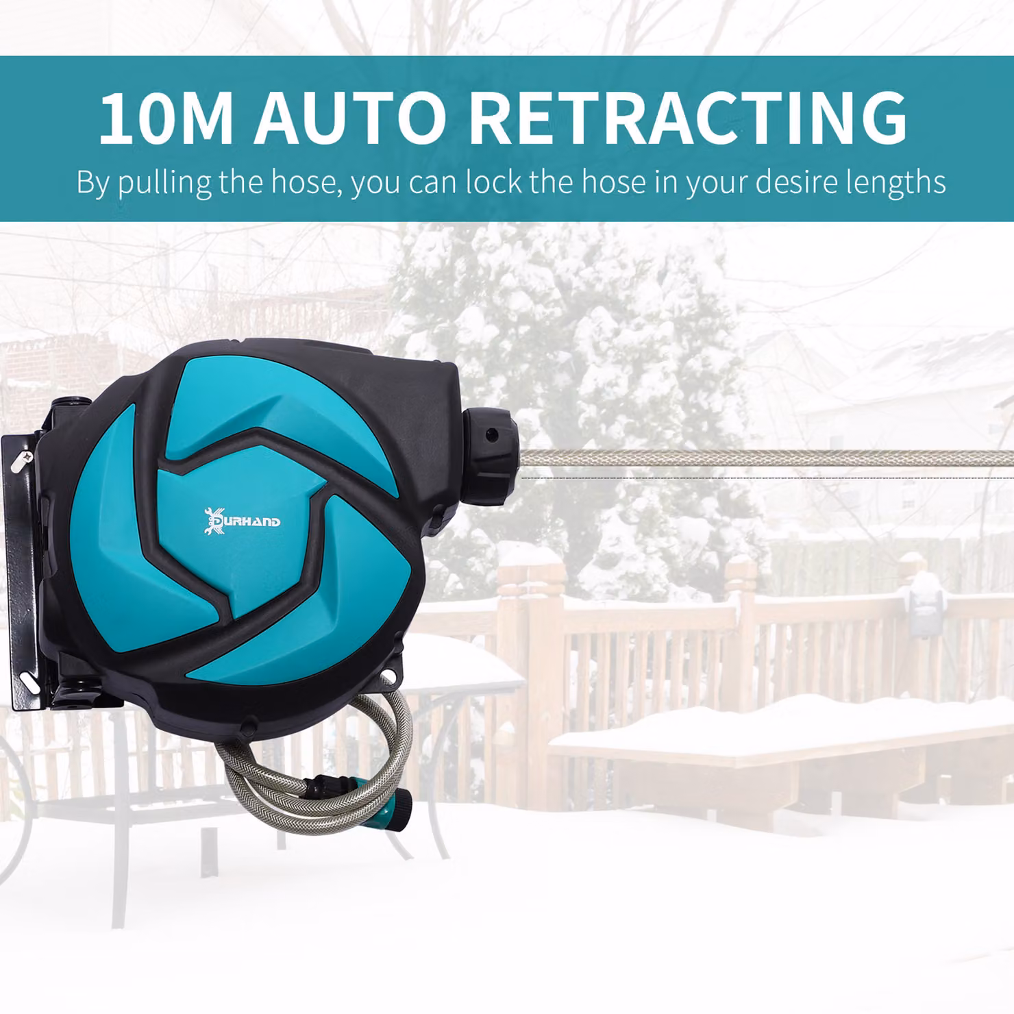 DURHAND Wall Mounted Automatic Retractable Garden Hose Reel in Turquoise with 7 Pattern Spray Nozzle, 10m – 5