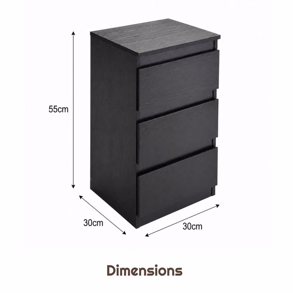 FORGEVIO Black 3 Drawer Wood Bedside Table, W/D/H: 30 x 30 x 55 cm – 2