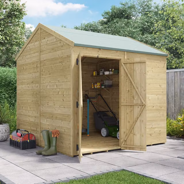 BillyOh Switch Tongue and Groove Apex Wooden Shed in Brown, Windowless, 11mm thickness, W: 243.84 cm, D: 243.84 cm, H: 187.16 cm