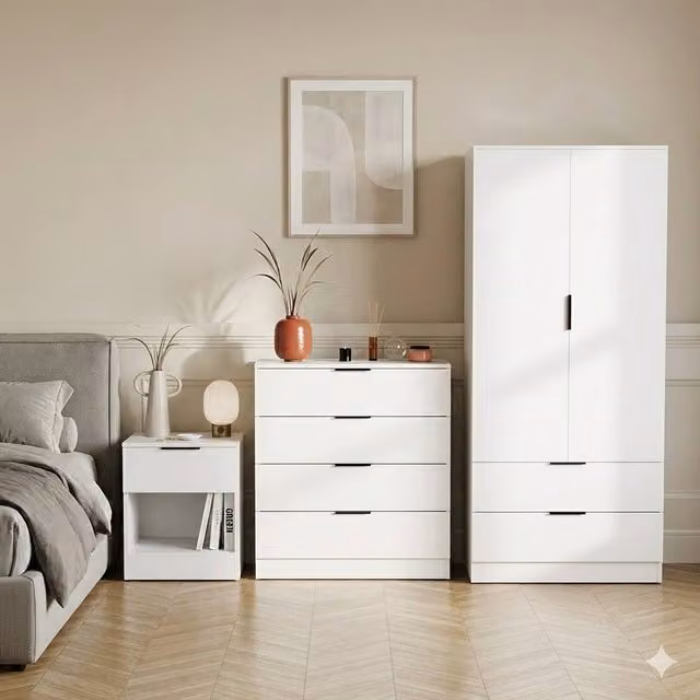 HD Designs Trega 3-Piece White Bedroom Set Including 1-Door Bedside Cabinet, 4-Door Chest and Wardrobe
