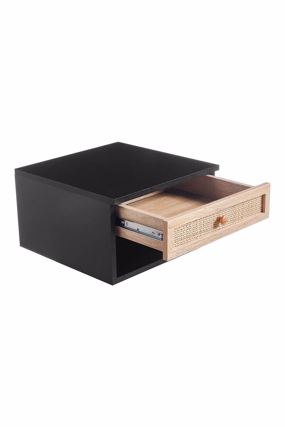 H&O Direct Wall Mounted Floating Bedroom Nightstand with Pseudo-Rattan Drawer in Black – 3