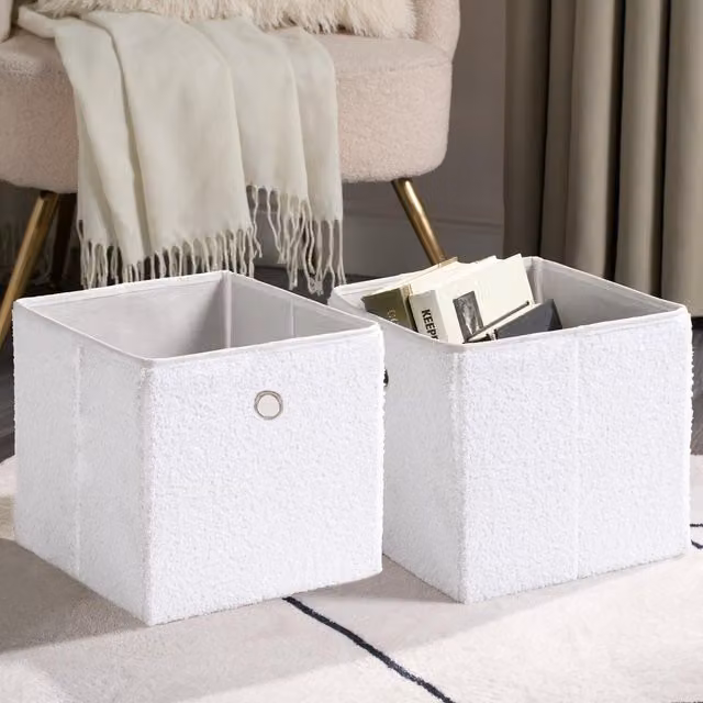 OHS Pack of 2 Foldable Boucle Cube Storage Boxes, White and Silver, 16l
