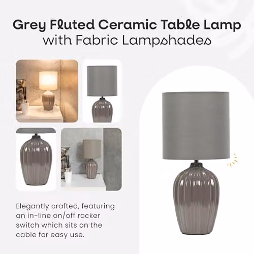 ValueLights Grey Fluted Ceramic Table Lamp with Fabric Lampshade – 4