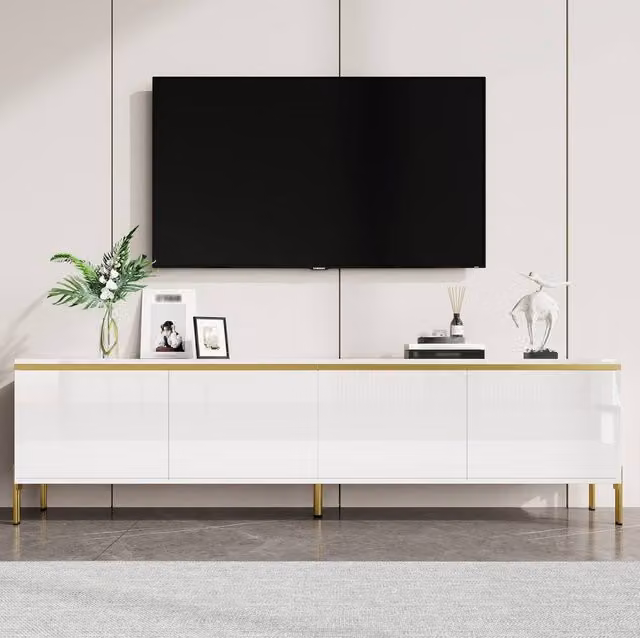STILVORA White and Gold Glossy Minimalist TV Stand with 4 Doors and Media Compartments