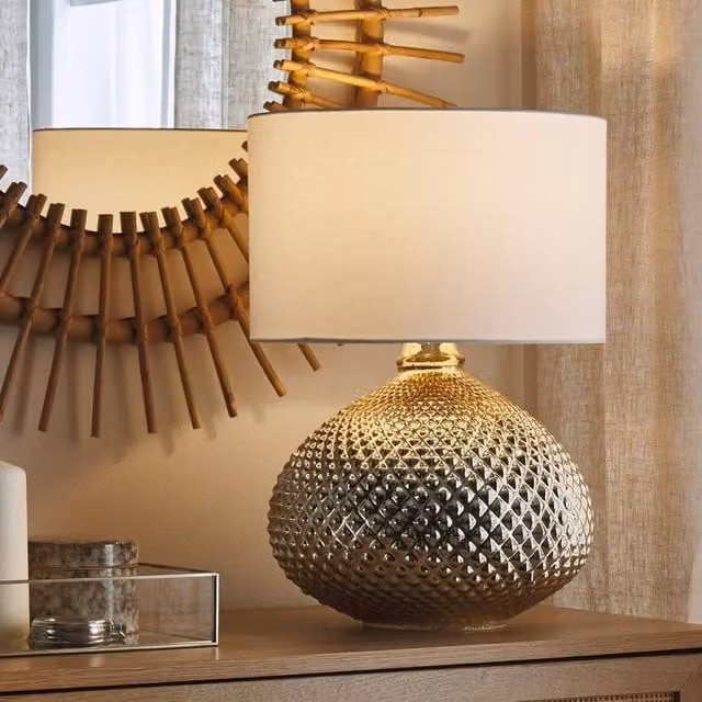 Wyld and Coco Glam Gold Studded Glass Table Lamp with Beige Fabric Shade, Height: 55 cm – 1