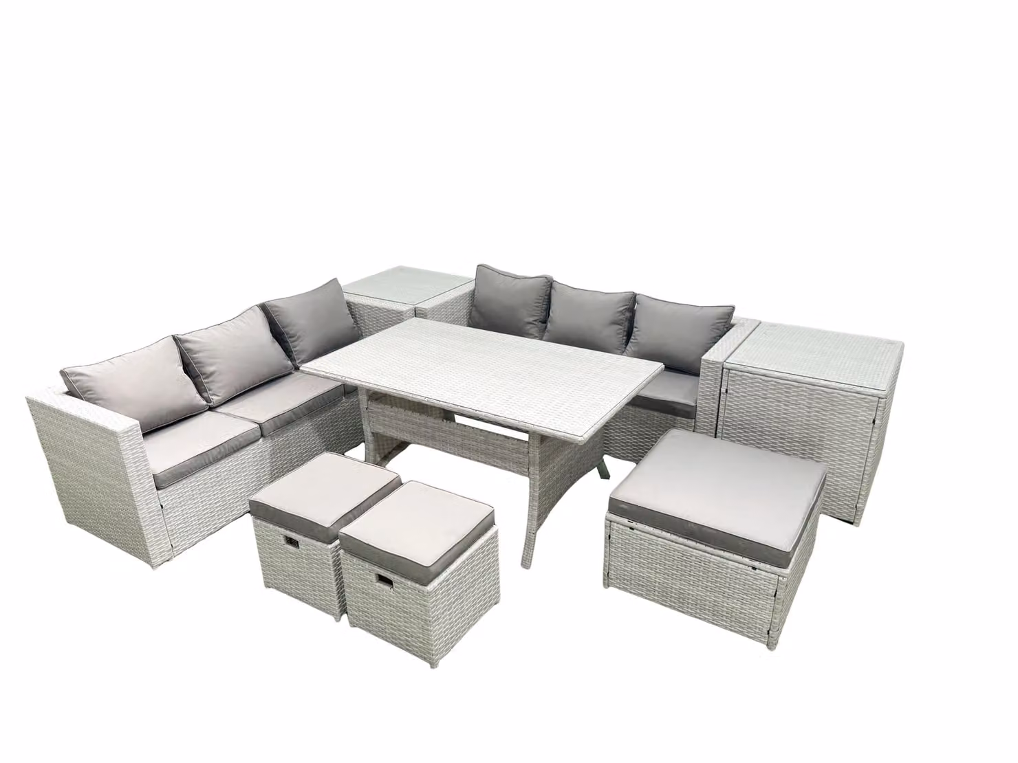 Fimous 9 Seater Rattan Garden Furniture Set with Dining Table, 2 Side Tables and 3 Footstools in Light Grey – 2