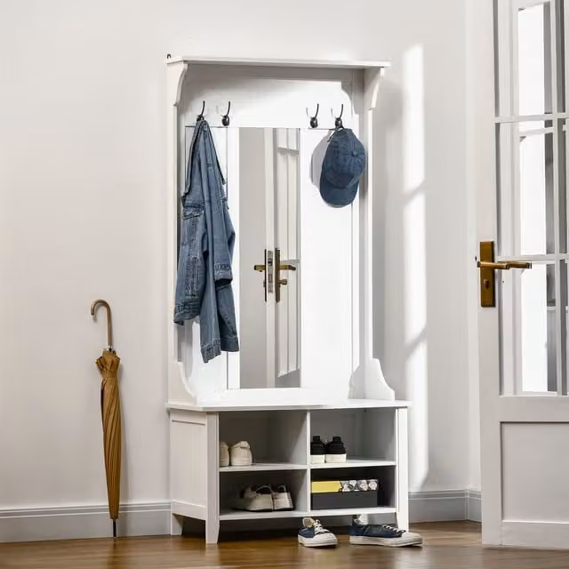 HOMCOM Modern Hallway Furniture Set in White featuring Shoe Bench, Storage Cabinet, Mirror and Coat Rack – 1