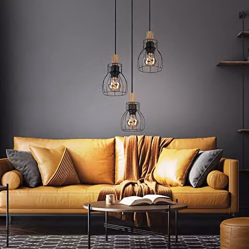 Globo Lighting Vintage Pendant Light in Brown and Black with Wood and Metal Cage Shades, 3x E27, Diameter: 35.5 cm, Height: 120 cm – 3