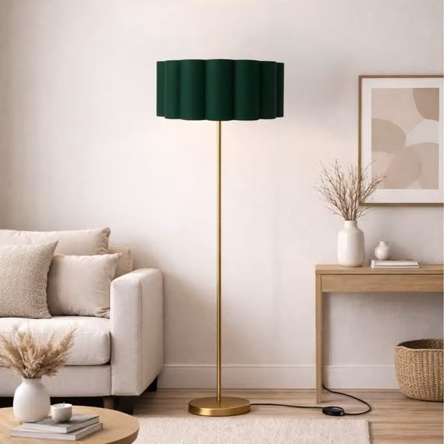 CGC Lena Brushed Gold Straight Floor Lamp with Large Scalloped Forest Green Fabric Lampshade, H 143 cm, W 48 cm, D 48 cm