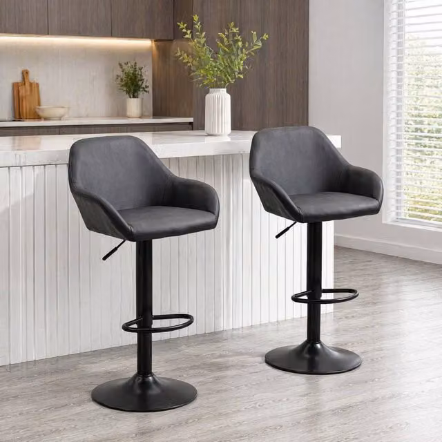 STILVORA Set of 2 Black Adjustable Height Swivel Bar Stools with Synthetic Leather Upholstery