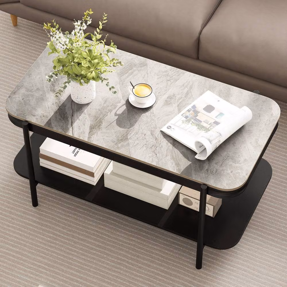 Gymax Modern Rectangular 2-Tier Coffee Table with Glossy Grey Ceramic Sintered Stone Top – 3