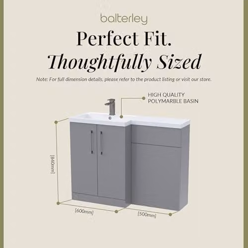 Balterley Grey L-Shaped Vanity Unit with WC Unit and Brushed Pewter D Shape Handles, Floor Standing Left Hand Bathroom Storage Set – 2