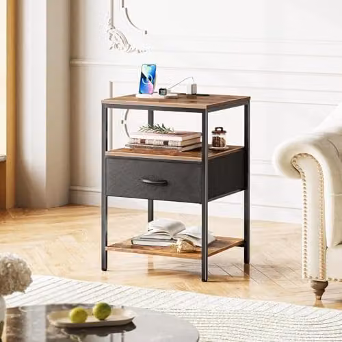 Xample Duffy Side Table with Charging Station, 3-Tier Narrow Bedside Table with Drawer and Media Compartments, Rustic Brown and Black – 4