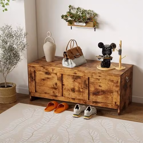 Levede Rustic Brown Wooden Storage Bench and Shoe Rack with Striped Synthetic Leather Seat, W/D/H: 100 x 40 x 41 cm – 2