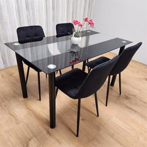 KOSY KOALA Modern Black and Transparent Glass Rectangular Dining Set with 4 Velvet Chairs