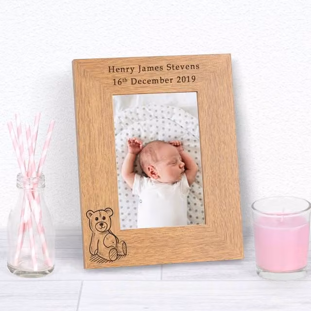 Uniqueful Personalised Teddy Bear Baby Wood Picture Frame, Brown, W/H: 15 x 10 cm