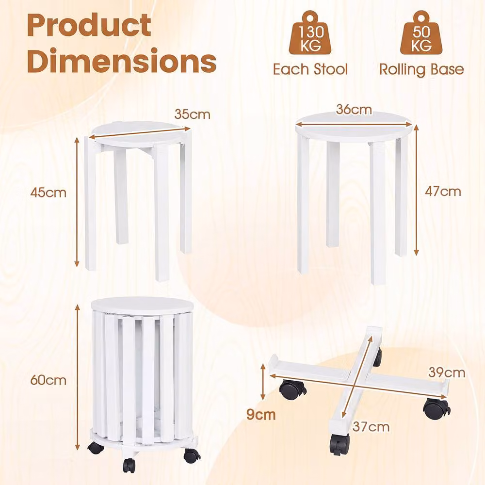 Costway Set of 4 Stackable Wooden Nesting Dining Stools with Rolling Base in White – 2