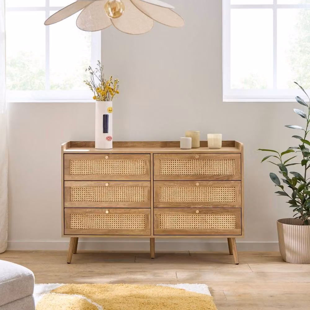 CALICOSY Palmo 6-Drawer Chest with Natural Rattan Fronts in Light Brown, W: 120 cm – 2