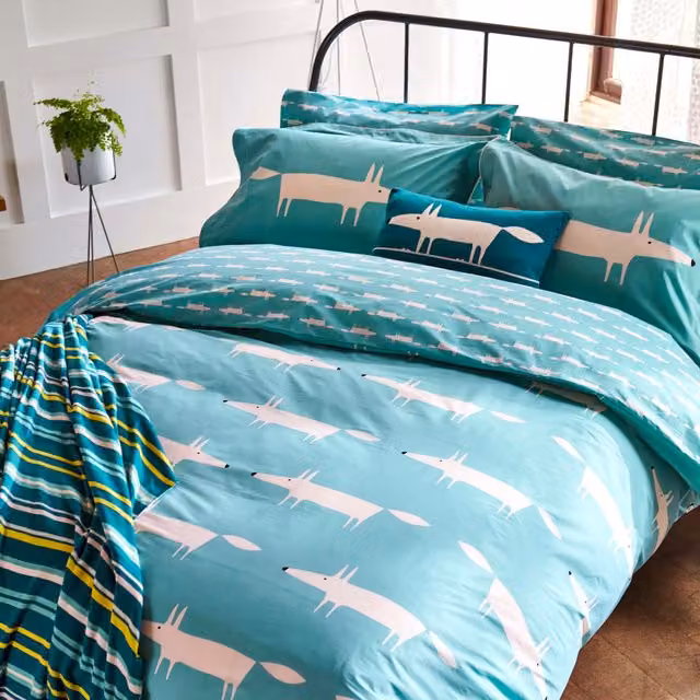 Scion Mr Fox Cotton Duvet Cover and Pillowcase Set, Petrol Teal, W/D/H: 200 x 200 cm