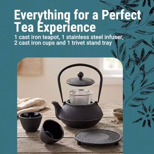 Gr8 Home 5 in 1 Cast Iron Japanese Style Teapot Set with Infuser, Cups and Trivet, Black, 800ml – 2