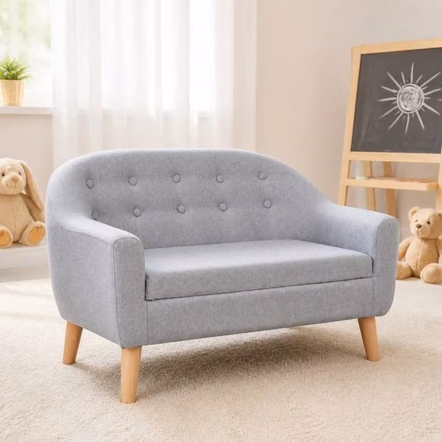 STILVORA Children's 2 Seater Armchair in Grey with Upholstered Wood Frame – 1