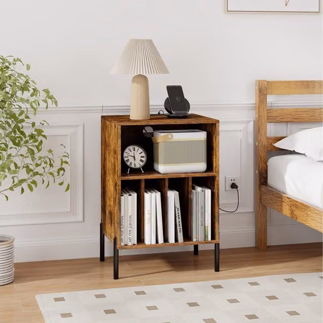 Costway Modern Vinyl Record Holder in Brown Metal and Wood