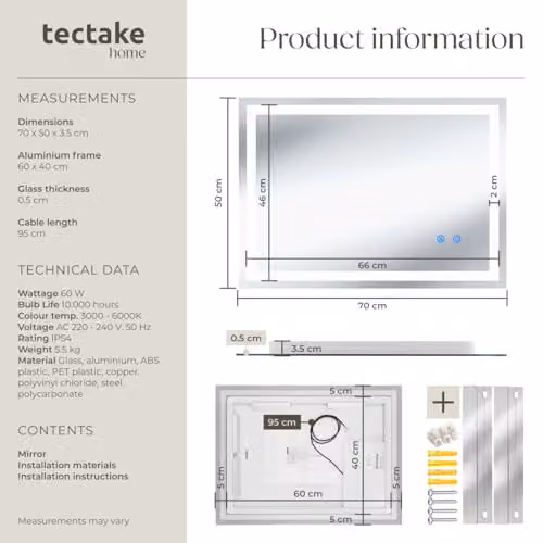 tectake LED Bathroom Mirror with CCT and Dimming Function in White or Grey, W: 50 cm, H: 70 cm – 4