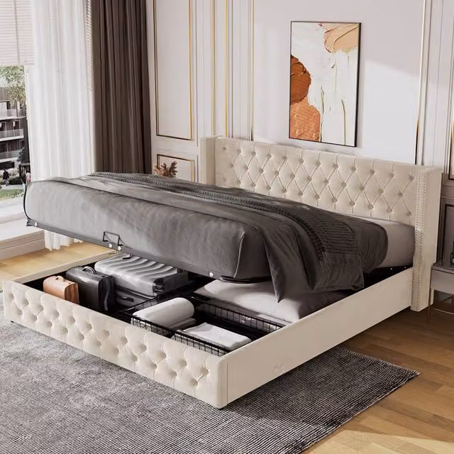Matteo Beige Velvet Upholstered Bed with Hydraulic Lift-Up Storage, W: 150 cm, L: 200 cm