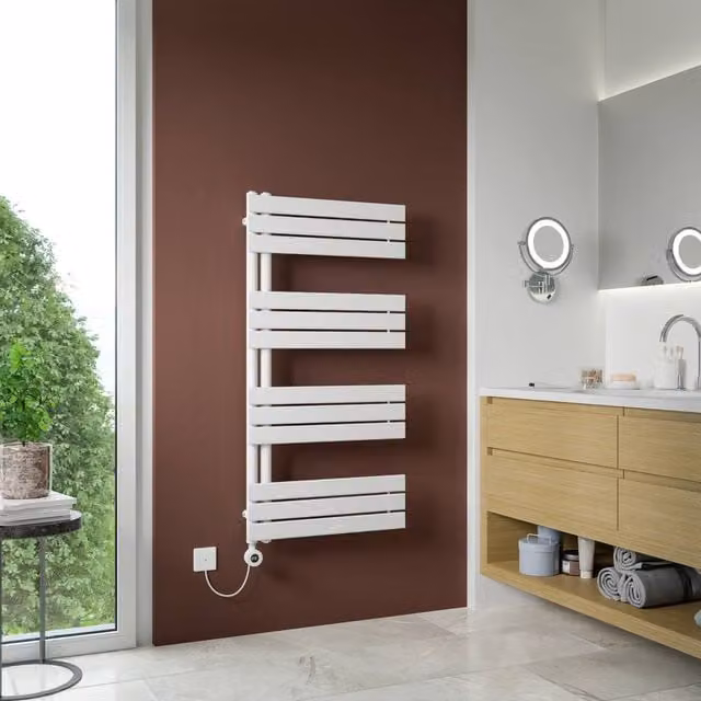 Bathroom Kingdom Vega Electric Designer Flat Panel Heated Towel Rail, White, W: 750 mm, H: 500 mm