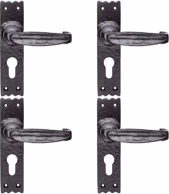 Loops 4 Pairs Creased Style Lever on Slim Euro Lock Backplate, Black Antique, W: 15.6 cm, H: 3.8 cm – 1