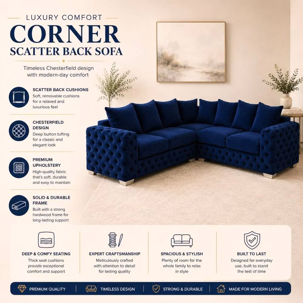Stratus Interiors Ashley Chesterfield Left Facing Corner Sofa in Navy Blue Plush Velvet Fabric with Scatter Cushions, W: 235 cm, D: 76 cm, H: 67 cm – 2