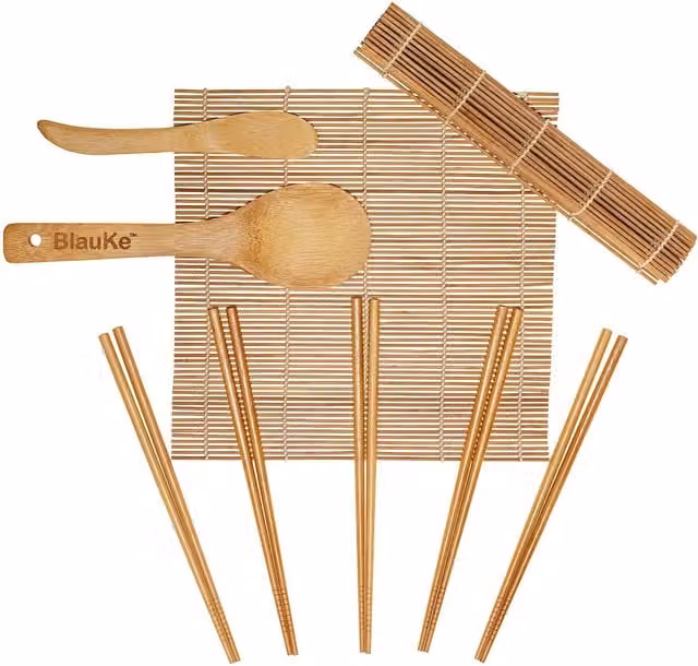BlauKe Sushi Making Kit with Bamboo Rolling Mats, Chopsticks, Rice Paddle and Spreader in Beige