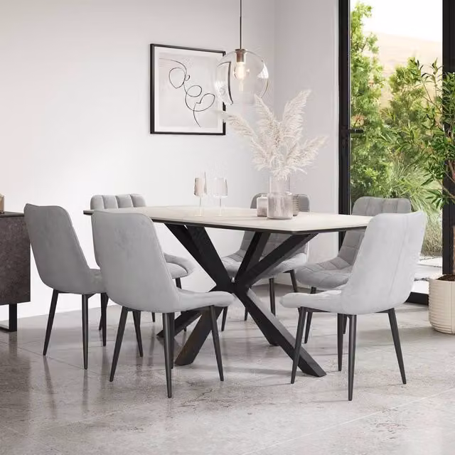 More4Homes Juno White Marble Ceramic Rectangular Dining Table and 8 Nova Grey Velvet Chairs, W/D/H: 180 x 90 x 75 cm – 1