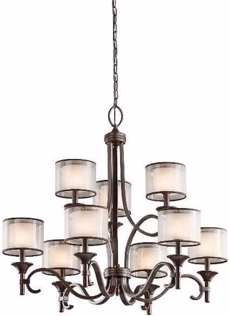 Elstead Lacey 9 Light Multi Arm Chandelier in Mission Bronze with White Glass Shades and E14 Base