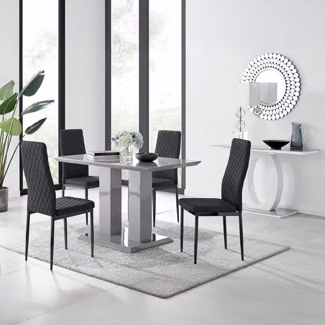 FurnitureboxUK Imperia Grey Rectangular Dining Table with 4 Milan Black Leg Chairs, W: 120 cm, D: 70 cm, H: 70 cm