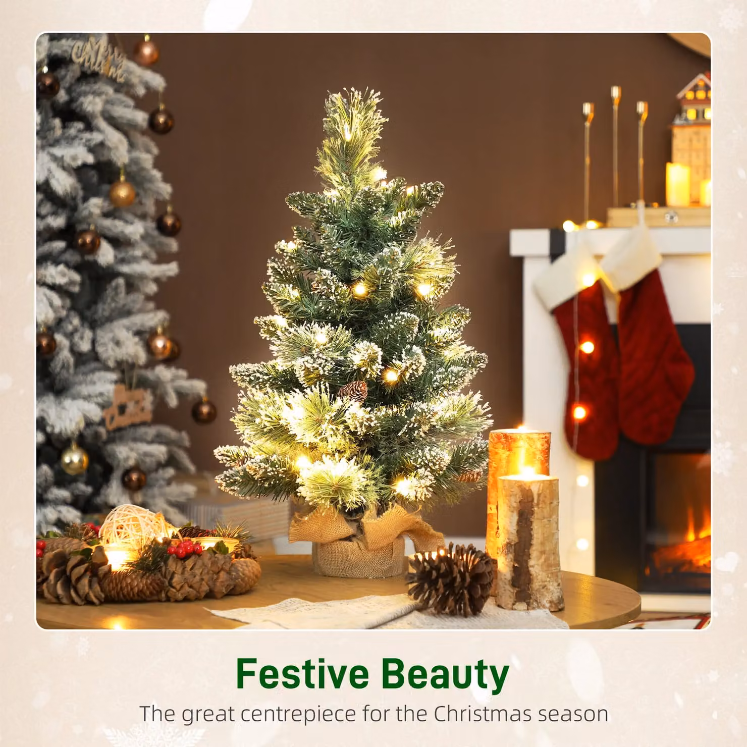 HOMCOM Prelit Mini Tabletop Christmas Tree, Snow Flocked in Green, Height: 60 cm – 3