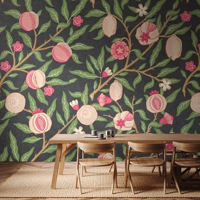 Origin Murals Fruit and Foliage Floral Wall Mural in Black and Rose Pink