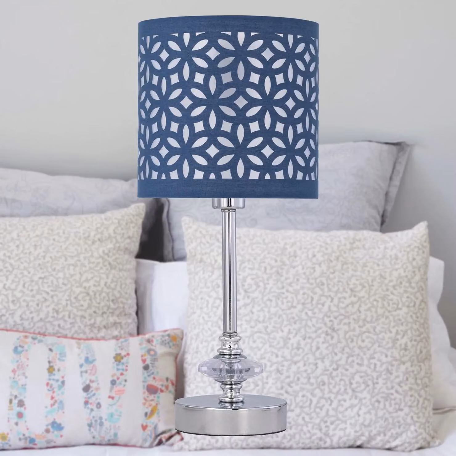 First Choice Lighting Chrome Jewelled Table Lamp with Navy Blue Fabric Cut Out Shade – 4