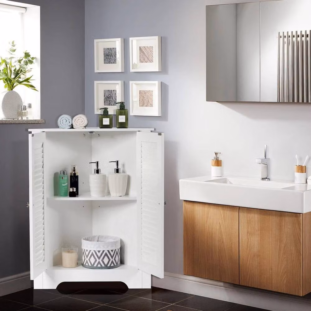 KORVIXA White Freestanding Corner Bathroom Storage Cabinet with Internal Shelves, W: 90 cm, H: 65 cm – 3