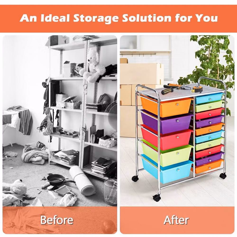 Gymax 15-Drawer Rolling Tool Cart and Multicolour Office Paper Organiser – 4