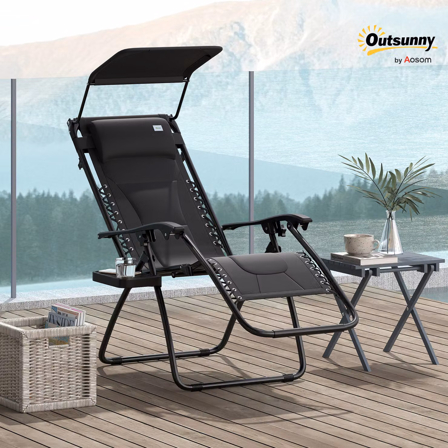 Outsunny Zero Gravity Lounger Chair in Black with Sun Canopy, Adjustable Headrest and Cup Holders – 2