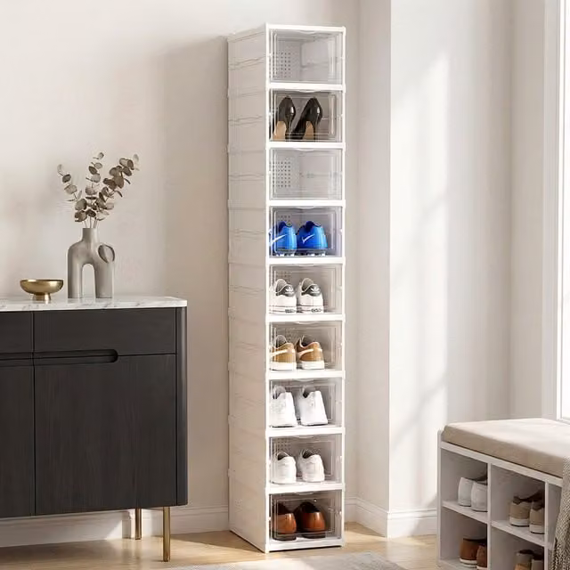 Livingandhome 9-Tier Modern White Freestanding Shoe Cabinet with Tilting Compartments