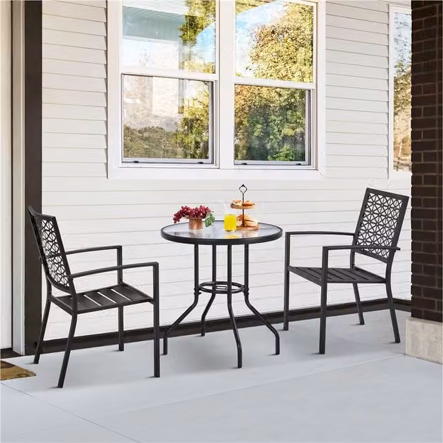 Yaheetech Set of 2 Modern Geometric Outdoor Patio Dining Chairs in Matt Black Metal