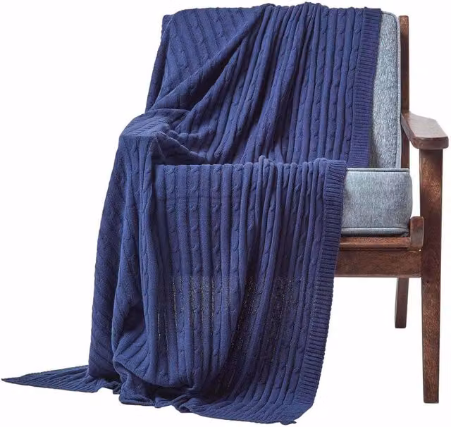 Homescapes Blue Cotton Knitted Throw, Width: 170 cm
